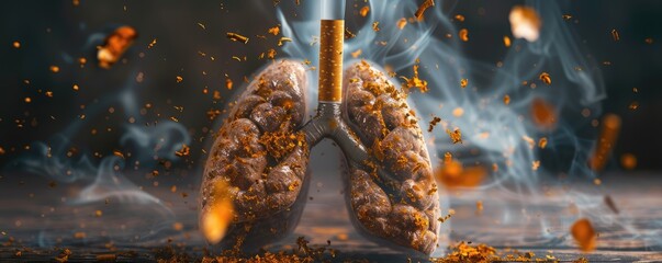 human lungs surrounded by lit cigarettes and smoke, symbolizing health and addiction - obrazy, fototapety, plakaty