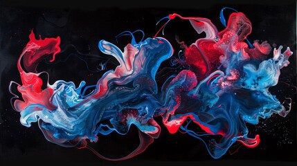 Obraz premium the creative process as acrylic blue and red colors come to life in water, swirling and merging to form captivating ink blots and abstract patterns set against a deep black backdrop