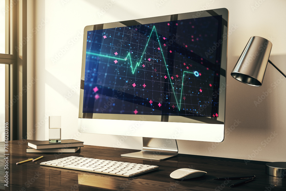 Poster creative abstract heart pulse hologram on modern computer monitor, online medical consulting concept