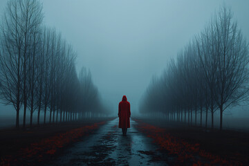 Feelings of depression, sadness, loneliness, melancholy. Blue Monday. Surreal word, nature, rows of leafless trees and lonely alone woman in the center  - obrazy, fototapety, plakaty