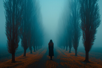 Feelings of depression, sadness, loneliness, melancholy. Blue Monday. Surreal word, nature, rows of leafless trees and lonely alone woman in the center 
