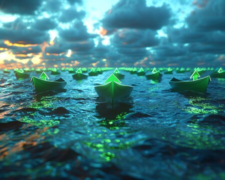 Stocks rally visualized as a rising tide lifting all boats, a sea of green arrows and optimistic skies, prosperity and growth, expansive and uplifting, 