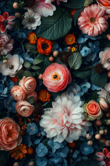 Obraz na płótnie Canvas Beautiful fantasy vintage wallpaper botanical flower bunch, vintage motif for floral print digital background