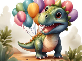 3d Watercolor illustration of cute dinosaur cartoon  with colorful balloons. Greeting birthday card, poster, banner for children. White background, copy space.