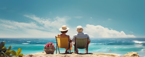 Two seniors enjoying a peaceful moment on a sandy beach with a clear view of the ocean, representing relaxation and companionship - obrazy, fototapety, plakaty