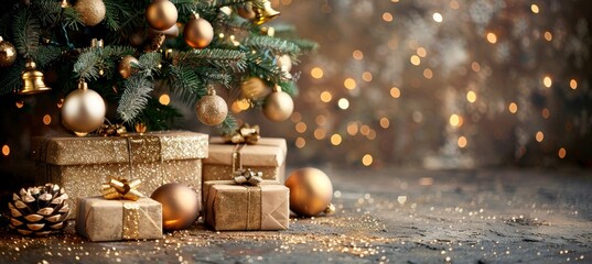 Golden baubles adorn christmas tree with presentsfestive holiday background in beige tones
