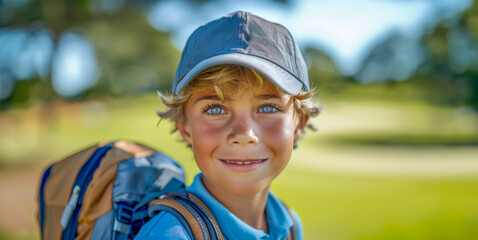 A young boy wearing a blue shirt and a hat is smiling and holding a backpack - Powered by Adobe