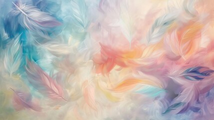 Soft pastel feathers dance gracefully across the canvas, creating an ethereal abstract background reminiscent of a gentle spring breeze, perfectly captured by the lens of an HD camera
