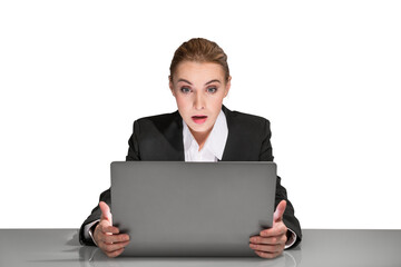 Surprised businesswoman holding a laptop, captured from the chest up, against a white background,...