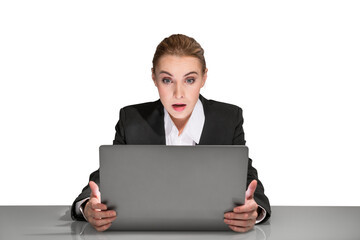 Surprised businesswoman holding a laptop, captured from the chest up, against a white background, depicting shock or disbelief