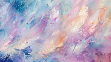 Fototapeta na wymiar Soft pastel feathers flutter gracefully in an enchanting abstract background, their delicate hues, creating a serene and captivating image that mesmerizes the viewer