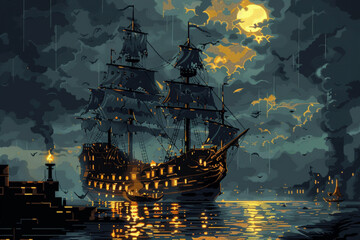 2d pixel art of ghost galleon sail at night, scary ,abandoned ship 16 bit, 32 bit, game art