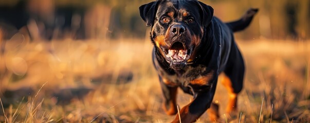 ferocious Rottweiler dog snarling, showing its teeth with a blurred green background. aggressive...