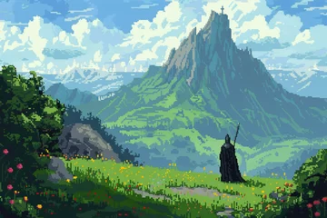 Fotobehang 2d pixel art of knight in the green mountain and hill landscape, blue sky, 16 bit, 32 bit, game art © The Thee Studio