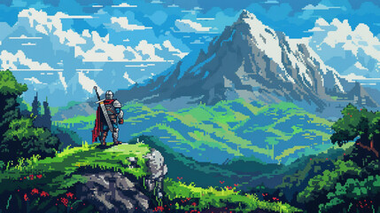 Fototapeta na wymiar 2d pixel art of knight in the green mountain and hill landscape, blue sky, 16 bit, 32 bit, game art