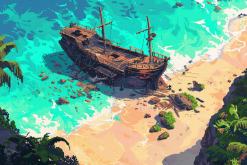 2d pixel art ofshipwreck on the tropical island , blue transparent sea,16 bit, 32 bit, game art