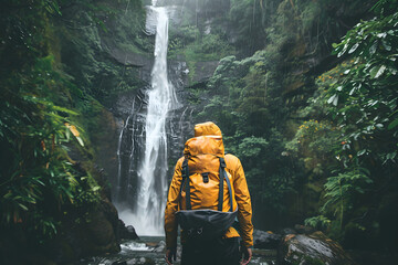 Backpacker in yellow raincoat and backpack standing at waterfall in forest