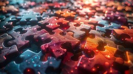 A graphic of a 3D puzzle with missing pieces floating into place, each labeled with business skills essential for success - obrazy, fototapety, plakaty