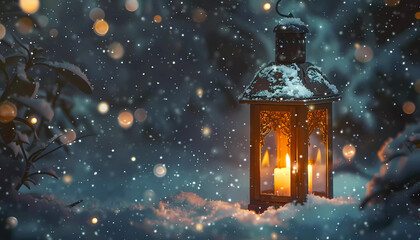 Winter evening and lantern with burning candle. Generative ai design.