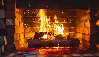 Warm and cozy fireplace closeup. Generative ai design concept art.