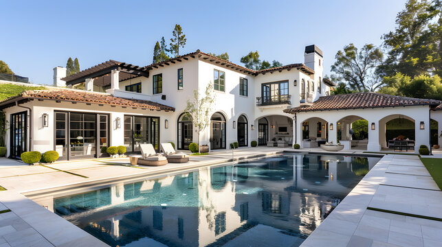 A large, white Spanish-style home with an elegant swimming pool and outdoor living space in the background