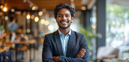 Fototapeta premium A man in a suit is smiling and posing for a picture