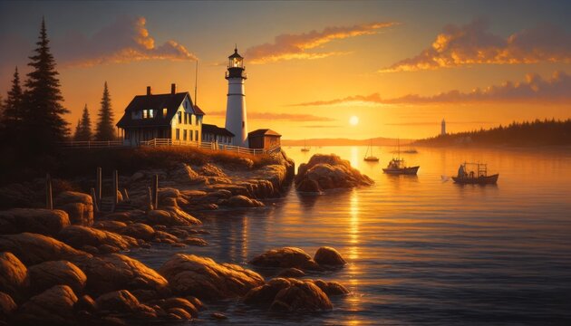 A scene of Bass Harbor Head Lighthouse at sunset