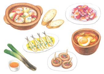 色鉛筆で描いたスペイン料理