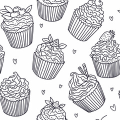 Vector, seamless pattern from a collection of cupcakes, muffins, hand-drawn in the style of doodles.