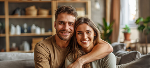 A man and woman are smiling and hugging each other in a living room