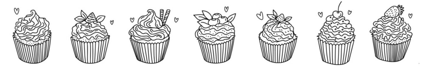 Vector horizontal collection of cupcakes, muffins, hand-drawn in the style of doodles.