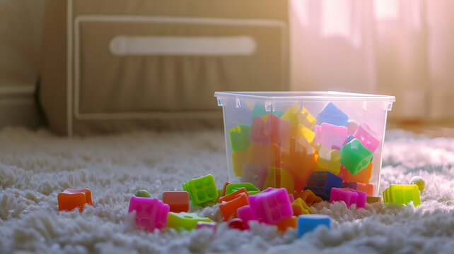 Multicolor children's cubes in a container in a room on a soft carpet in sunlight