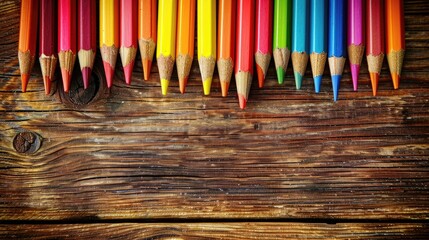 A row of colorful pencils on a wooden surface - Powered by Adobe