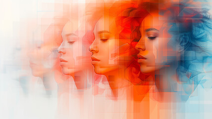Obraz premium Close-up of faces in profile, watercolor geometric abstraction in red and blue colors on a white background