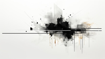 Black geometric shapes, watercolor graphic abstract white background in grunge style