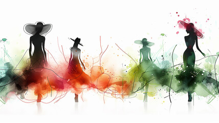 Women's models at a fashion show, background graphic postcard in watercolor style - 786023379