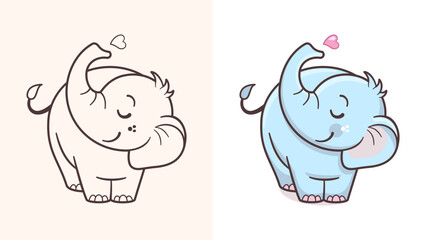 Cute baby elephant cartoon vector illustration in kawaii style. Colored and black outline drawing of small elephant for print, pattern, children coloring book