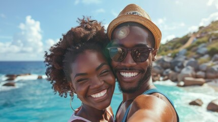 A couple taking a selfie together on vacation.