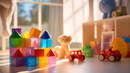 Colorful childish cubes in the room on the floor in the sunlight