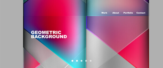 Fototapeta premium A rectangle book is open to a page with a geometric background in shades of violet, pink, and electric blue. The font is in magenta with a pattern brand design