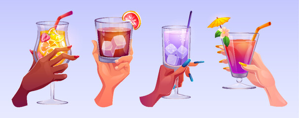 Glasses with cocktails in human hands. Cartoon vector illustration set of male and female arms holding different alcohol drinks in cups with straw, ice cubes and fruits. Party toast and cheers concept - obrazy, fototapety, plakaty