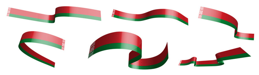 Set of holiday ribbons. Belarus flag waving in wind. Separation into lower and upper layers. Design element. Vector on white background