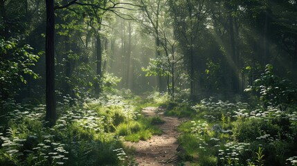 A picturesque woodland path winding through a sun-dappled forest, with dappled sunlight filtering through the canopy and illuminating the lush undergrowth, inviting exploration and contemplation
