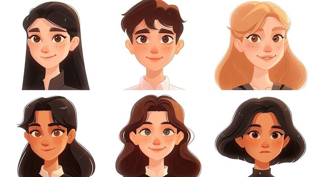 The image is a series of six cartoon faces, each with a different hairstyle