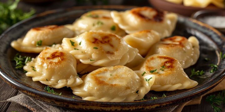 Delicious pan-fried dumplings served on rustic plate garnished with fresh herbs, a popular appetizer from the Asian cuisine