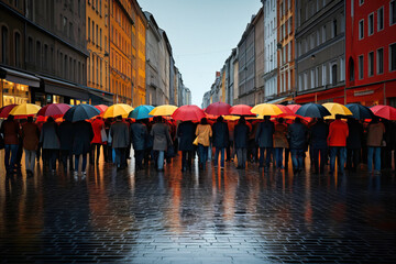 People strolling with colorful umbrellas on a rainy day.