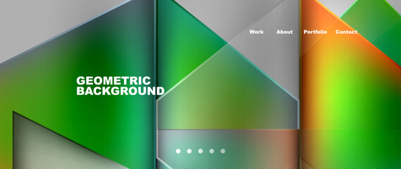 Fototapeta premium The geometric background features a combination of green and orange triangles resembling a liquid spill. The design includes shades of magenta and is reminiscent of a stained glass window