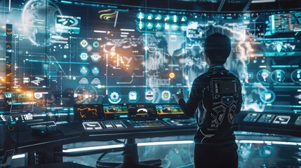 A person interacts with a futuristic holographic interface filled with data analytics in a high-tech control room. - obrazy, fototapety, plakaty