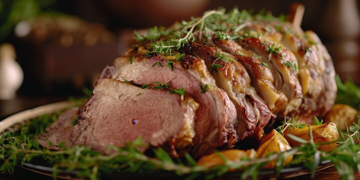 A succulent roasted beef tenderloin encrusted with herbs and served with roasted vegetables on a bed of fresh greens