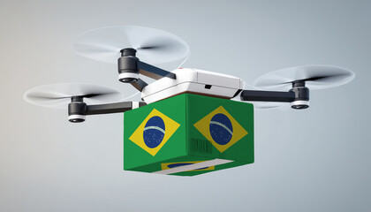 Aerial view of drone delivery. A UAV transporting a box with the Brazil flag, representing the cutting-edge technology in logistics.